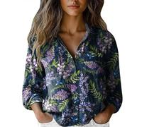 ZTFYKLIN Leinenbluse Damen Langarm Women Cotton Shirt Printed Fashion Down Shirts Casual Tops Long Sleeve Blouse (Navy, XL) Batik Samt Oberteil Trachten Longbluse Sommer Longshirt Sport Bluse