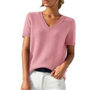 ZTFYKLIN Leinenbluse Damen Sommer Langarm Damen-T-Shirt Mit Rundhalsausschnitt, Kurzen Ärmeln Und Gestrickter Unterseite, Kurzes Oberteil (Pink, L) Cartoon Bluse Trachten Mode 2026 Einfarbige