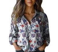 ZTFYKLIN Leinenbluse Damen Sommer Langarm Women Cotton Shirt Printed Fashion Down Shirts Casual Tops Long Sleeve Blouse (Sky Blue, XL) Crop Tunika Plissee Bluse Silvester Kurzarm Leinen