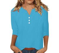 ZTFYKLIN Leinenbluse Damen Sommer Langarm Women's 3/4 Sleeve Cotton Linen Blouses Led Top T Shirt Solid Color Comfy Tops 2025 Spring Casual (Sky Blue, M) Weisses Lange Oberteile Sommermode 2026