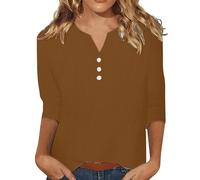 ZTFYKLIN Leinenbluse Damen Sommer Langarm Women's 3/4 Sleeve Cotton Linen Blouses Led Top T Shirt Solid Color Comfy Tops 2025 Spring Casual (Coffee, M) Tunika Große Größen Rotes Crinkle