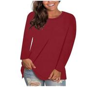 ZTFYKLIN Leinenbluse Damen Sommer Langarm Women's Fashion Casual Round Neck Solid Color Bottoming Shirt Long Sleeve Top T (Red, XXXXL) Tunika Lang Longshirts Mittelalter Kleidung Bluse Hippie