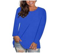 ZTFYKLIN Leinenbluse Damen Sommer Langarm Women's Fashion Casual Round Neck Solid Color Bottoming Shirt Long Sleeve Top T (Blue, XXXL) Elegant Shirts Bluse Leinen Große Größen Langarmshirt Mit