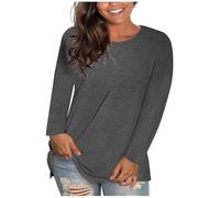 ZTFYKLIN Leinenbluse Damen Sommer Langarm Women's Fashion Casual Round Neck Solid Color Bottoming Shirt Long Sleeve Top T (Grey, L) Oberteil Luftig Tunika Bluse Sportbekleidung Für