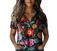 ZTFYKLIN Longshirt Damen Kurzarm Baumwollhemd Bedruckte Daunenhemden Casual Tops Kurzarmbluse (Black, M) Hippie Bluse Mittelalter Langarm Shirtbluse Sommer Festliche Damenbluse Weiß Blusen Große