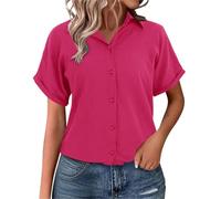 ZTFYKLIN Pullover Kurzarm Damen Musselin Bluse Hemdbluse Baumwolle Leinenbluse Tops V Ausschnitt Lange Tunika (Hot Pink, S) Cartoon Blusen Sommer Leinen Blusenshirt Longshirt Elegant Kleidung