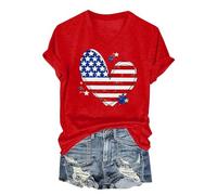 ZTFYKLIN Pullover Kurzarm Damen Usa-Flagge, V-Ausschnitt, Damen, Stern- Und Streifen-Grafik, Tops, Rot, Weiß Blau, Kurzärmelig, Patriotisches -T-Shirt (Hot Pink, XXXL) Leinenbluse Unterhemd Hemd