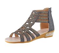 ZTFYKLIN Sandalen Damen Sommer Sandals Women Strass Dekorieren Freizeitschuhe Zurück Reißverschluss Offene Spitze Slide (Dark Gray 37) Orthopädische Schuhe Römersandalen Weisse Sommerschuhe Mit