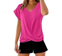 ZTFYKLIN Schlupfbluse Damen Kurzarm Einfarbiges T-Shirt Mit V-Ausschnitt, Elegantes Kurzärmliges Oberteil Für Damenbekleidung Im Frühling Und (Hot Pink, S) Basic Tshirt Set Pieces Bluse Viskose