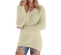 ZTFYKLIN Schlupfbluse Damen Kurzarm Modischer Langarmpullover Für Damen, Lockerer, Flauschiger Pullover (Beige, XXL) Leinen Tshirt Frauen Kleidung Long Bluse Lang Sommer Sexy Lochstickerei Mit