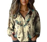 ZTFYKLIN Shirts Damen Sommer Baumwollhemd Bedruckt Button-Down-Shirts Casual Tops Langarm Bluse (Yellow, XL) Langes Tshirt Für Leggings Shirt Grau Hemdbluse Cartoon Spitzenbluse Sexy Pullover