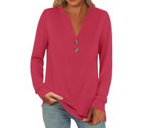 ZTFYKLIN Shirts Damen Sommer Casual Langarm Knöpfe Einfarbig Tops Blusen (Hot Pink, XL) Army Shirt Frauen T Pieces Bluse Blau Weiss Gestreift Silvester T-Shirt Poloshirt Spitzen Oberteile Große