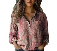 ZTFYKLIN Shirts Damen Sommer Women Cotton Shirt Printed Fashion Down Casual Tops Long Sleeve Blouse (Pink, XXL) Kleidung Glitzer Top Grün Oberteil Leoprint Ausgefallene Blusen T Gym Oversized