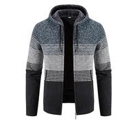 ZTRADA Dicker warmer Fleece-Mantel für Herren, gestreift, Reißverschluss, Hoodie, Pullover, Herren, langärmelig, mit Kapuze, Sweatshirt, gestrickt, Strickwaren, Pullover mit Taschen, Größe 38 - 48,