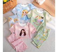 [Zufällig versendet 1 Set] Baby Mädchen Pyjama Ganzjahres-Neu-Stil Mode Süßes Cartoon Mädchen Prinzessin Muster Strick Rüschenbesatz Rundhals Top Mit