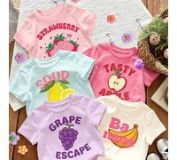 (Zufällige 5 Stücke, 1 Stücke versendet) Mädchen Frucht Erdbeere Zitrone Traube Apfel Banane Stern Buchstaben Muster Basic Kurzarm T-Shirt, geeignet f