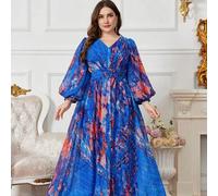 [Zufälliger Blumen Aquarell Muster] V-Ausschnitt Chiffon Laternärmel Kleid mit gefalteter Büste und Taille Dekoration, elegantes ausgestelltes Kleid