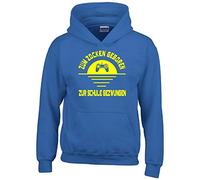 ZUM ZOCKEN GEBOREN - ZUR Schule GEZWUNGEN ! Hoodie Sweatshirt mit Kapuze blau-gelb Gr.128 cm