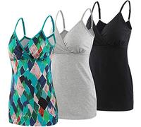ZUMIY Schwangerschaft Stillen Top, Damen Baumwolle Umstandskleidung Schlaf Ärmellos Cami mit Verstellbaren Trägern (S, Black+Grey+Green Pattern/3-pk)