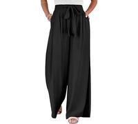 ZUOLAIYIN Summer Elastic Adjustable Pocket Wide Leg Loose Tie Women's Casual Pants Black 2XL