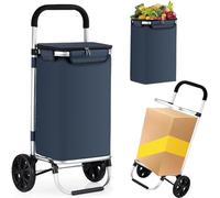 Zusammenklappbarer Einkaufstrolley auf Rädern, Leichter Einkaufswagen aus Aluminium mit Abnehmbarer Tasche, Treppensteig-Einkaufswagen, 45 l (A: Blau, 2 Räder)
