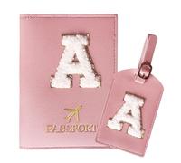 ZVRSUA Reisepasshülle Rosa und Kofferanhänger Set mit Buchstabe A, Passport Hülle Reise Gadgets und Travel Essentials Hülle Reisepass,Geschenk für Frauen/Teenager/Mädchen/Kind(A)