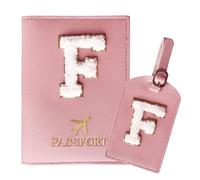 ZVRSUA Reisepasshülle Rosa und Kofferanhänger Set mit Buchstabe F, Passport Hülle Reise Gadgets und Travel Essentials Hülle Reisepass,Geschenk für Frauen/Teenager/Mädchen/Kind(F)