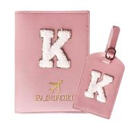 ZVRSUA Reisepasshülle Rosa und Kofferanhänger Set mit Buchstabe K, Passport Hülle Reise Gadgets und Travel Essentials Hülle Reisepass,Geschenk für Frauen/Teenager/Mädchen/Kind(K)