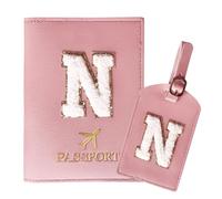 ZVRSUA Reisepasshülle Rosa und Kofferanhänger Set mit Buchstabe N, Passport Hülle Reise Gadgets und Travel Essentials Hülle Reisepass,Geschenk für Frauen/Teenager/Mädchen/Kind(N)