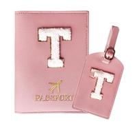 ZVRSUA Reisepasshülle Rosa und Kofferanhänger Set mit Buchstabe T, Passport Hülle Reise Gadgets und Travel Essentials Hülle Reisepass,Geschenk für Frauen/Teenager/Mädchen/Kind(T)