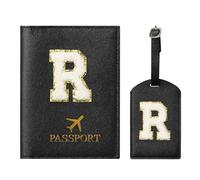 ZVRSUA Reisepasshülle und Gepäckanhänger-Set mit Buchstaben-Patch,Pass Hülle Personalisiert, Personalisiertes Reisegepäck-Zubehör, Geschenk, sehr süß für Frauen, Teenager, Mädchen (Schwarz R)