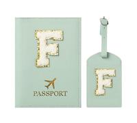 ZVRSUA Reisepasshülle und Kofferanhänger mit Buchstabe F,Passport Hülle, Hülle Reisepass,Ausweismappe, der Pass, Kofferanhänger für Kreuzfahrten und Flugreise,Geschenk für Damen/Teenager/Kind(Grün F)