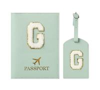 ZVRSUA Reisepasshülle und Kofferanhänger mit Buchstabe G,Passport Hülle, Hülle Reisepass,Ausweismappe, der Pass, Kofferanhänger für Kreuzfahrten und Flugreise,Geschenk für Damen/Teenager/Kind(Grün G)