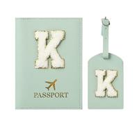 ZVRSUA Reisepasshülle und Kofferanhänger mit Buchstabe K,Passport Hülle, Hülle Reisepass,Ausweismappe, der Pass, Kofferanhänger für Kreuzfahrten und Flugreise,Geschenk für Damen/Teenager/Kind(Grün K)