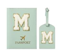 ZVRSUA Reisepasshülle und Kofferanhänger mit Buchstabe M,Passport Hülle, Hülle Reisepass,Ausweismappe, der Pass, Kofferanhänger für Kreuzfahrten und Flugreise,Geschenk für Damen/Teenager/Kind(Grün M)