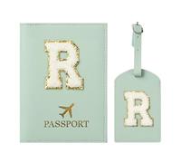 ZVRSUA Reisepasshülle und Kofferanhänger mit Buchstabe R,Passport Hülle, Hülle Reisepass,Ausweismappe, der Pass, Kofferanhänger für Kreuzfahrten und Flugreise,Geschenk für Damen/Teenager/Kind(Grün R)