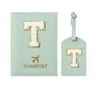 ZVRSUA Reisepasshülle und Kofferanhänger mit Buchstabe T,Passport Hülle, Hülle Reisepass,Ausweismappe, der Pass, Kofferanhänger für Kreuzfahrten und Flugreise,Geschenk für Damen/Teenager/Kind(Grün T)