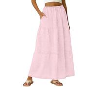 ZWDC Maxirock Damen Boho Stufenrock mit Lochstickerei Elegant A-Linie Langer Rock Hoher Bund mit Taschen Luftiger Sommerrock für Strand Urlaub und Freizeit