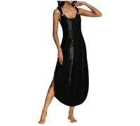 ZWDC Sommerkleid Damen Maxikleid Rundhals Ärmelloses Freizeitkleid Locker Seitenschlitz Einfarbiges Strandkleid mit Verstellbaren Schnallen Elegantes Hängerkleid für Urlaub Party Alltag