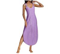 ZWDC Sommerkleid Damen Maxikleid Rundhals Ärmelloses Freizeitkleid Locker Seitenschlitz Einfarbiges Strandkleid mit Verstellbaren Schnallen Elegantes Hängerkleid für Urlaub Party Alltag