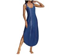 ZWDC Sommerkleid Damen Maxikleid Rundhals Ärmelloses Freizeitkleid Locker Seitenschlitz Einfarbiges Strandkleid mit Verstellbaren Schnallen Elegantes Hängerkleid für Urlaub Party Alltag