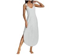 ZWDC Sommerkleid Damen Maxikleid Rundhals Ärmelloses Freizeitkleid Locker Seitenschlitz Einfarbiges Strandkleid mit Verstellbaren Schnallen Elegantes Hängerkleid für Urlaub Party Alltag