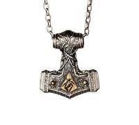 Zweifarbige Halskette mit Mjolnir-Anhänger aus S925er Sterlingsilber, Wikinger-Halskette mit Thorshammer und vier Elementen, Nordischer Mythologie-Schmuck für Männer und Frauen(Pendant+silver chain)