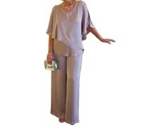 Zweilagiger Tunika-Hosenanzug, Übergröße, grau, 2-teiliges Set, einfarbig, V-Ausschnitt, asymmetrisch, fließendes Set, khaki, L