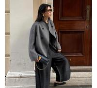 Zweireihiger kurzer Wollmantel für Damen mit Stehkragen, entworfen für lässige Herbst-Winter-Outfits (L Grau)