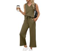 Zweiteiler Damen Ärmellose/Kurzarm Hosen Mit Weites Bein Hosenanzug 2 Teilig Leicht Tshirt Und Hose Elegant Sommeranzug Casual Sommer Outfits Bequem Jogginganzug Business Anzug(Army Green,L)