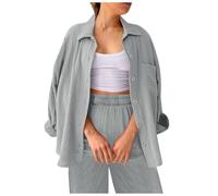 Zweiteiler Damen Elegant Einfarbig Musselin Bluse Langarm Hemd Und Hosen Sommer Outfits Bequeme Lounge Set Strand Y2K Clothes Mode Lässige 2 Teiler Freizeitanzug Oversize Hosenanzug Sportanzug
