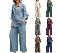 Zweiteiler Damen Freizeitanzug Aus Einfarbiger Baumwolle Und Leinen, Langärmliges Revers Oberteil, Hemd + Hosenanzug, Sale Musselin Set Lockere Und Atmungsaktive, Sommer Outfits Leicht Und Luftig