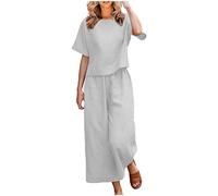 Zweiteiler Damen Freizeitanzug Sommer Hemdnzug Leinenhose Zweiteiler Set Hemd Hose Leinenshirt Baumwoll Große Größe Sommerhose Sommerhemd Leichte Bequeme WeitemHosen mit Tasche Kordelzug