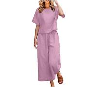 Zweiteiler Damen Freizeitanzug Sommer Hemdnzug Leinenhose Zweiteiler Set Hemd Hose Leinenshirt Baumwoll Große Größe Sommerhose Sommerhemd Leichte Bequeme WeitemHosen mit Tasche Kordelzug